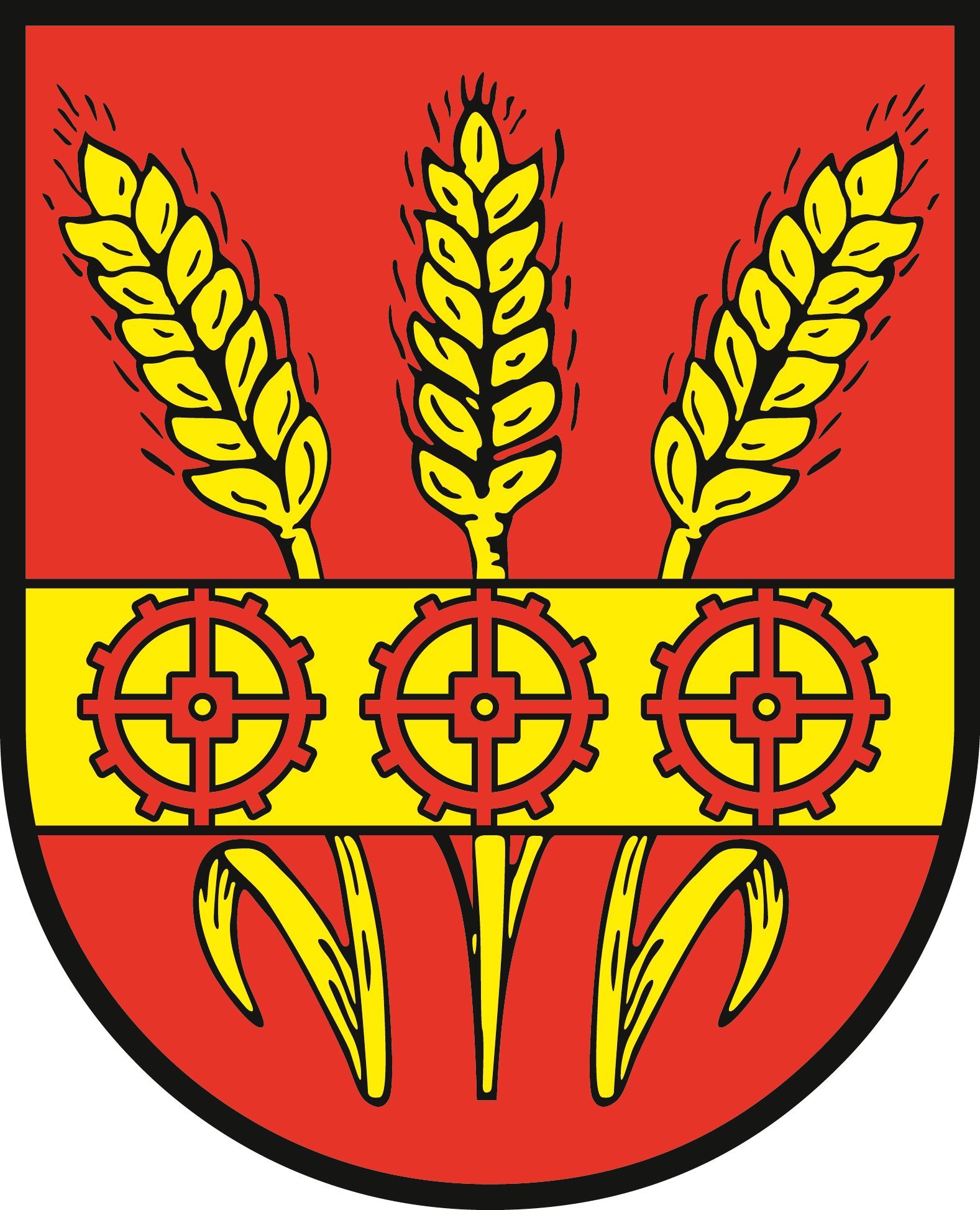 Wappenschild mit 3 goldenen Ähren und roten Zahnrädern
