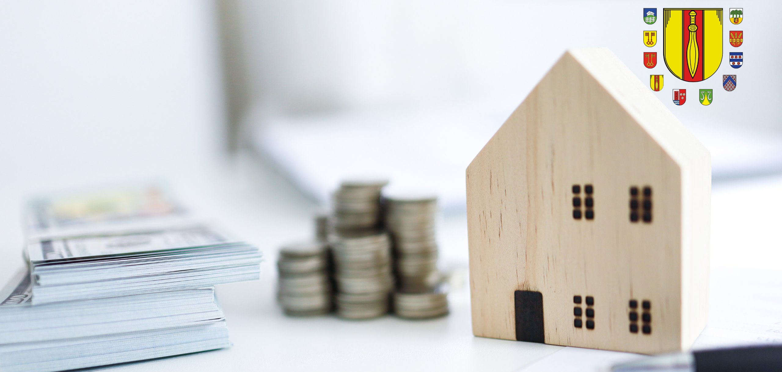 Symbolbild zur Grundsteuerreform Symbolbild mit Münzen, Geldscheinen, Holzhaus und einem Kugelschreiber.