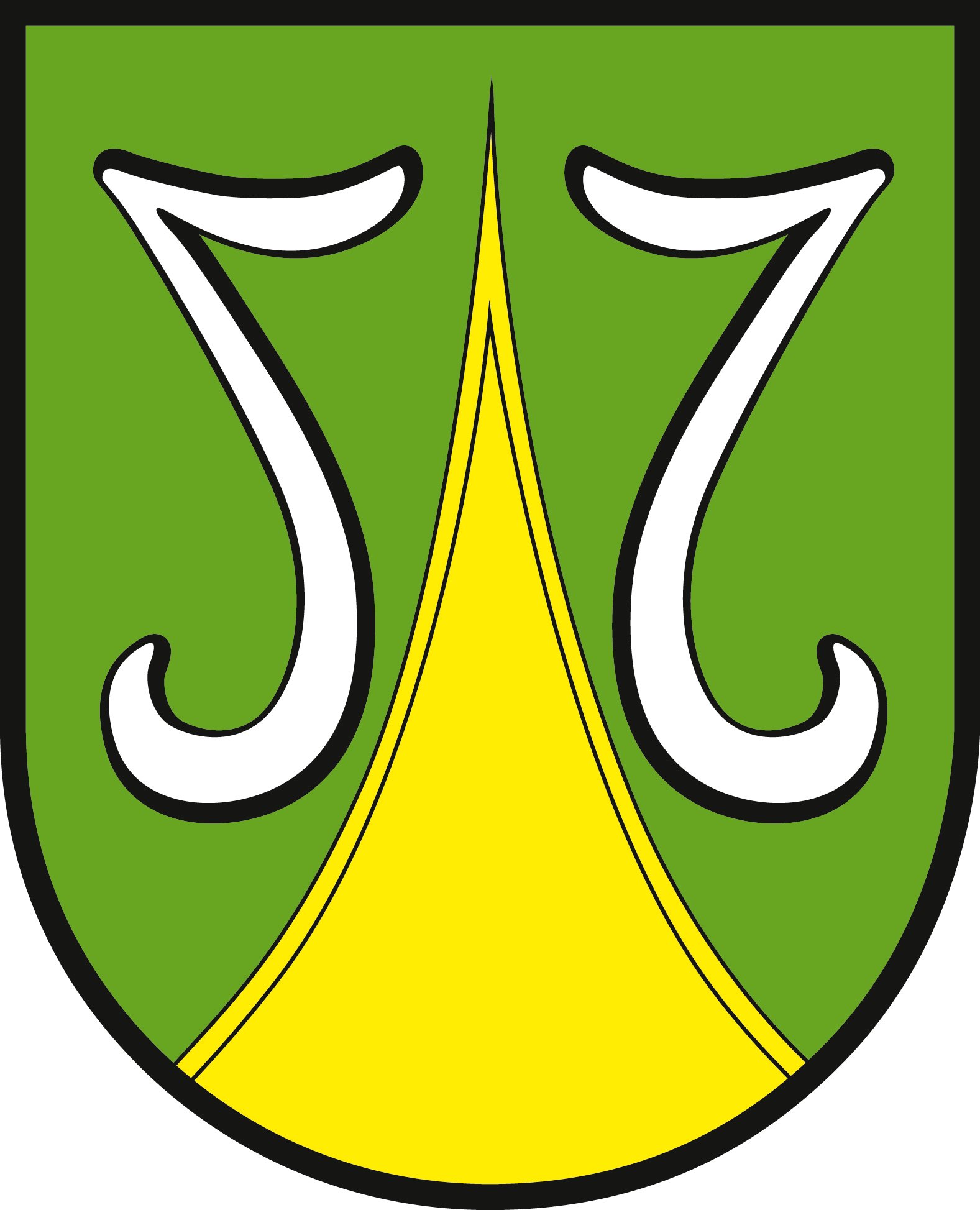 grünes Schild mit zwei weißen Salzhaken, die von einer goldenen Spitze geteilt sind