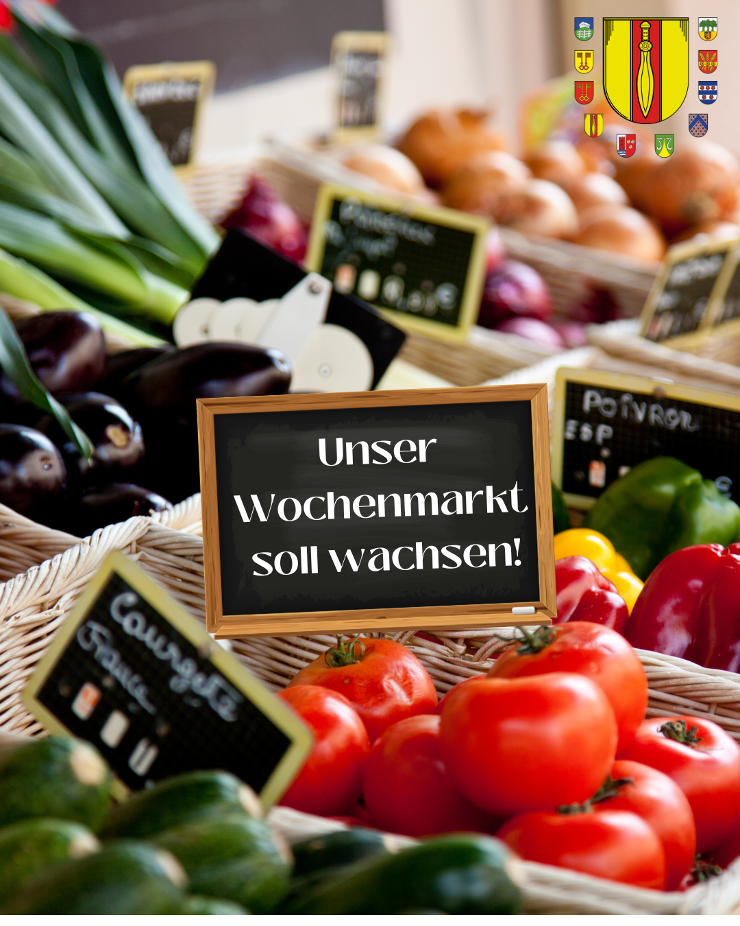 Ein Marktstand mit Obst und Gemüse, mit einem Schild, auf dem steht: "Unser Wochenmarkt soll wachsen!"