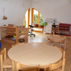 Gruppenraum mit Tischen und Stühlen