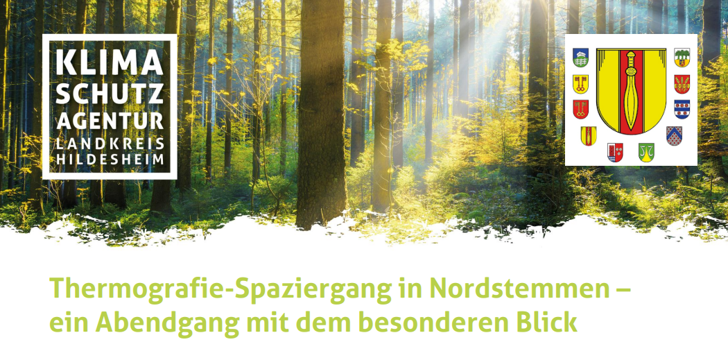 Bild mit Bäumen und Text Thermografie-Spaziergang und Logo der Gemeinde Nordstemmen